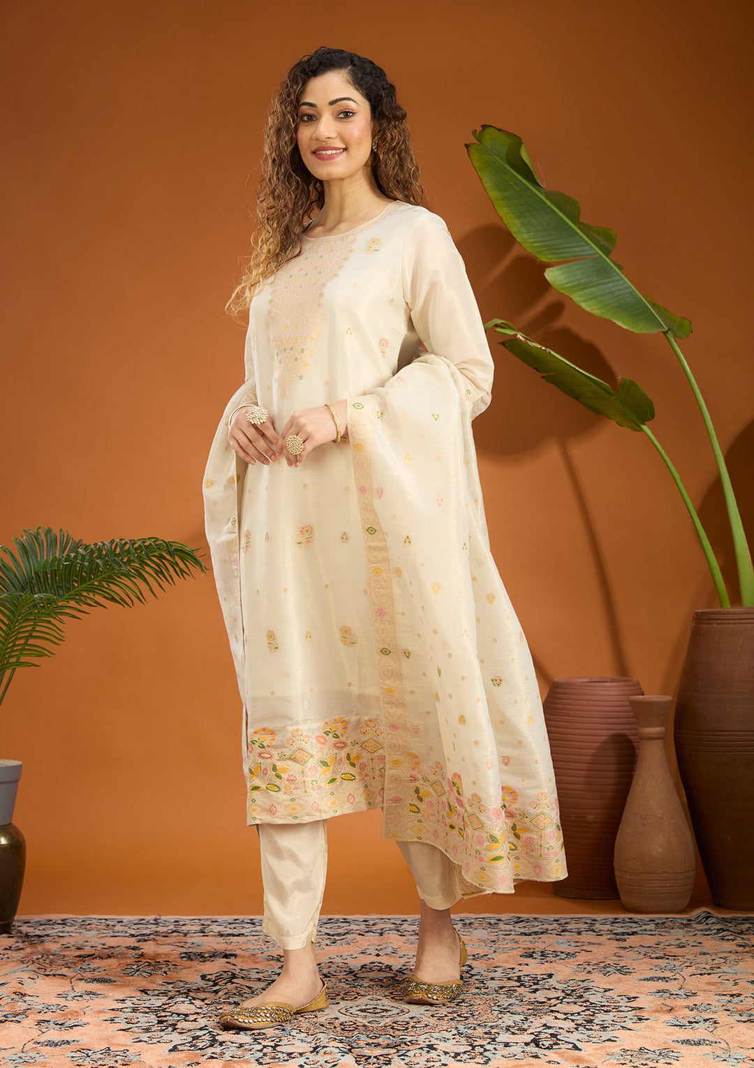 Beige Zariwork Brocade Readymade Salwar Suit
