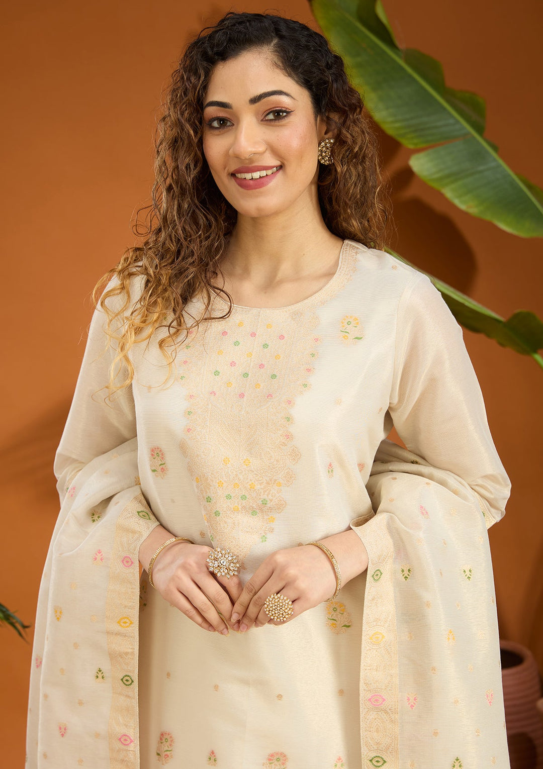 Beige Zariwork Brocade Readymade Salwar Suit