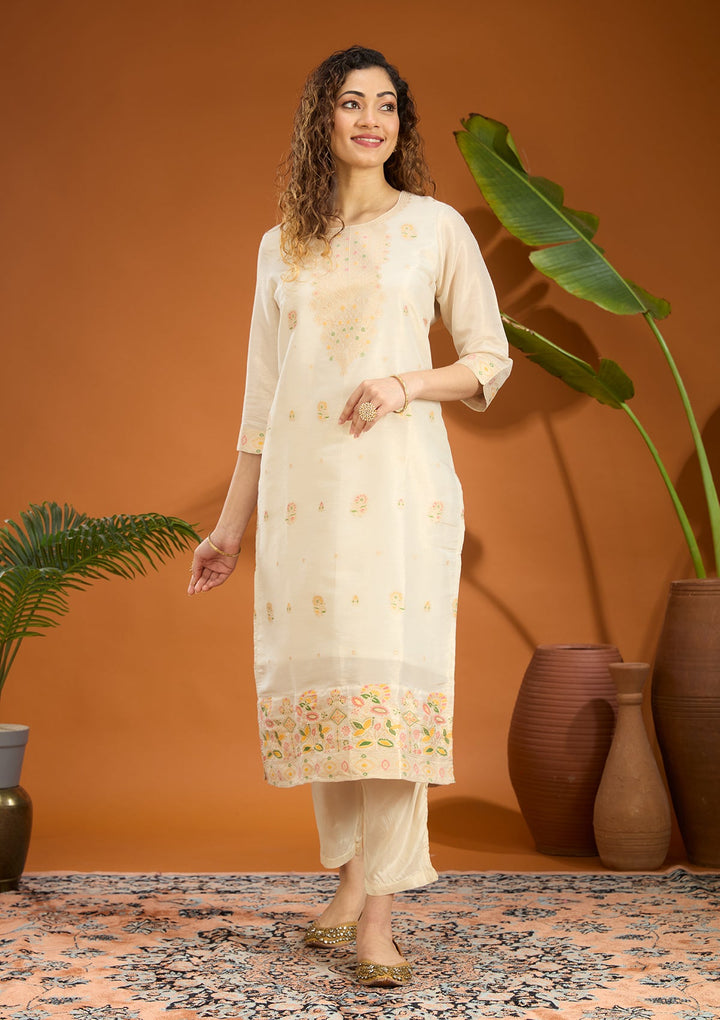 Beige Zariwork Brocade Readymade Salwar Suit