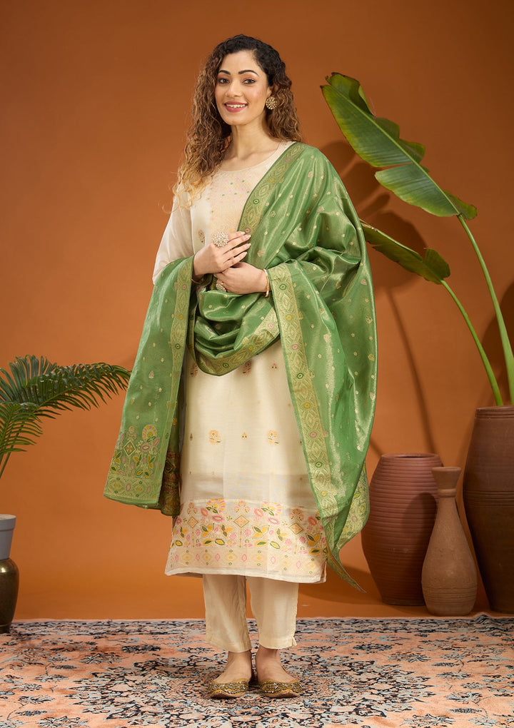 Leaf Green Zariwork Brocade Readymade Salwar Suit
