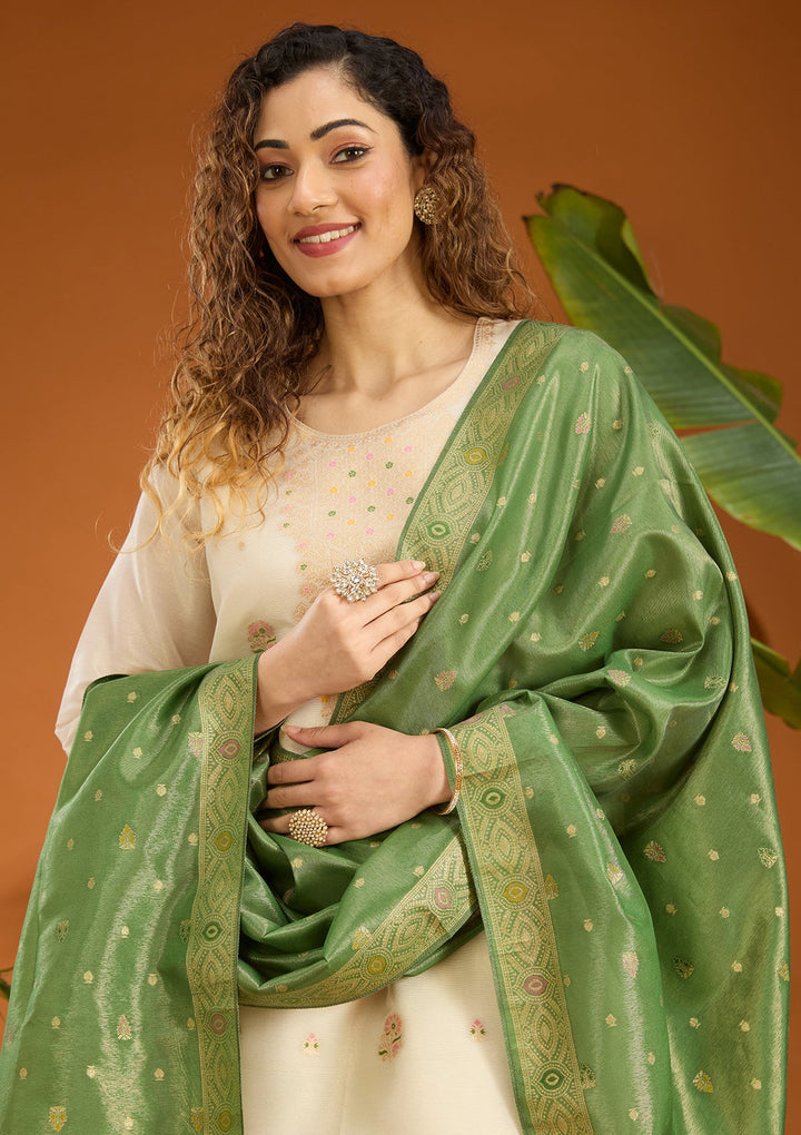Leaf Green Zariwork Brocade Readymade Salwar Suit
