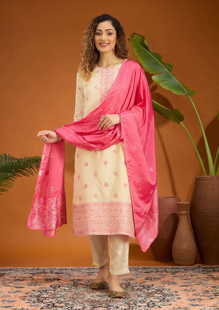 Beige Plain Brocade Readymade Salwar Suit