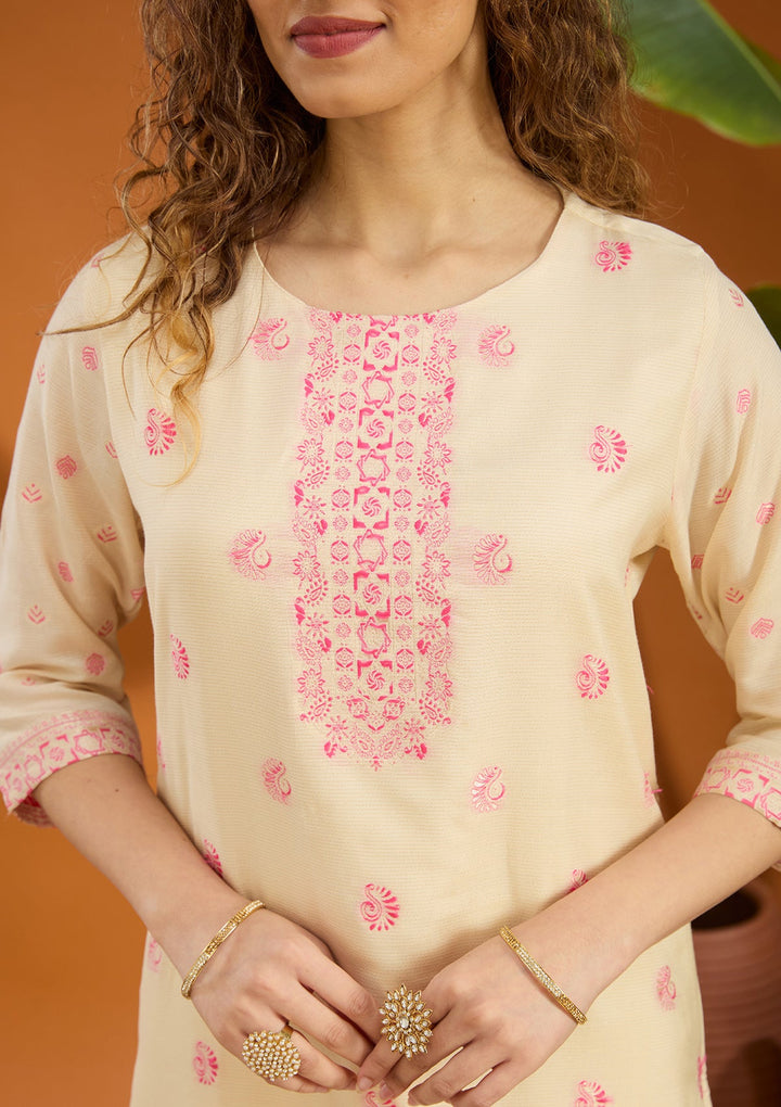 Beige Plain Brocade Readymade Salwar Suit