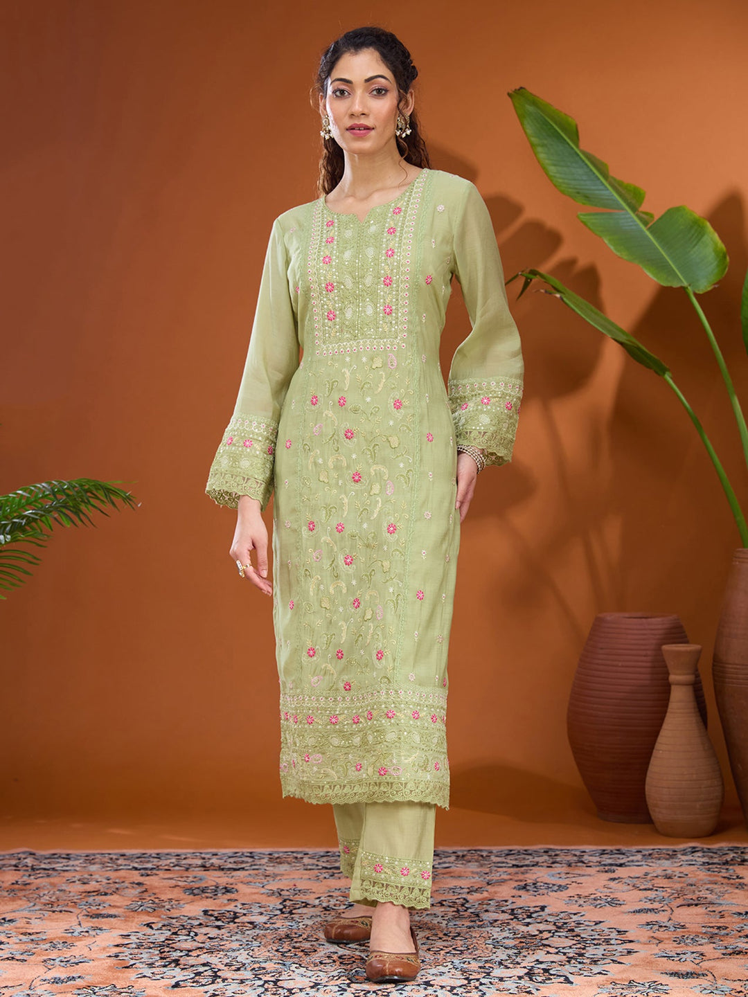 Pista Green Threadwork Chanderi Readymade Salwar Suit