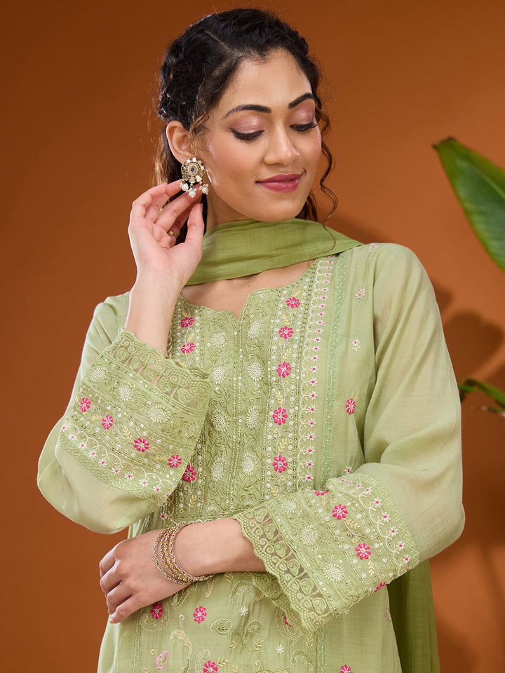 Pista Green Threadwork Chanderi Readymade Salwar Suit