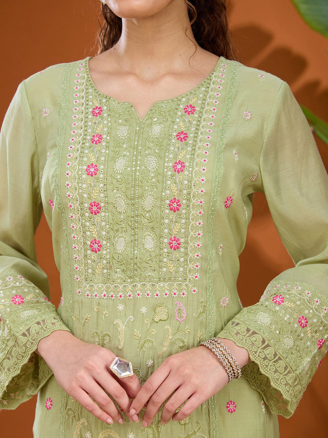 Pista Green Threadwork Chanderi Readymade Salwar Suit