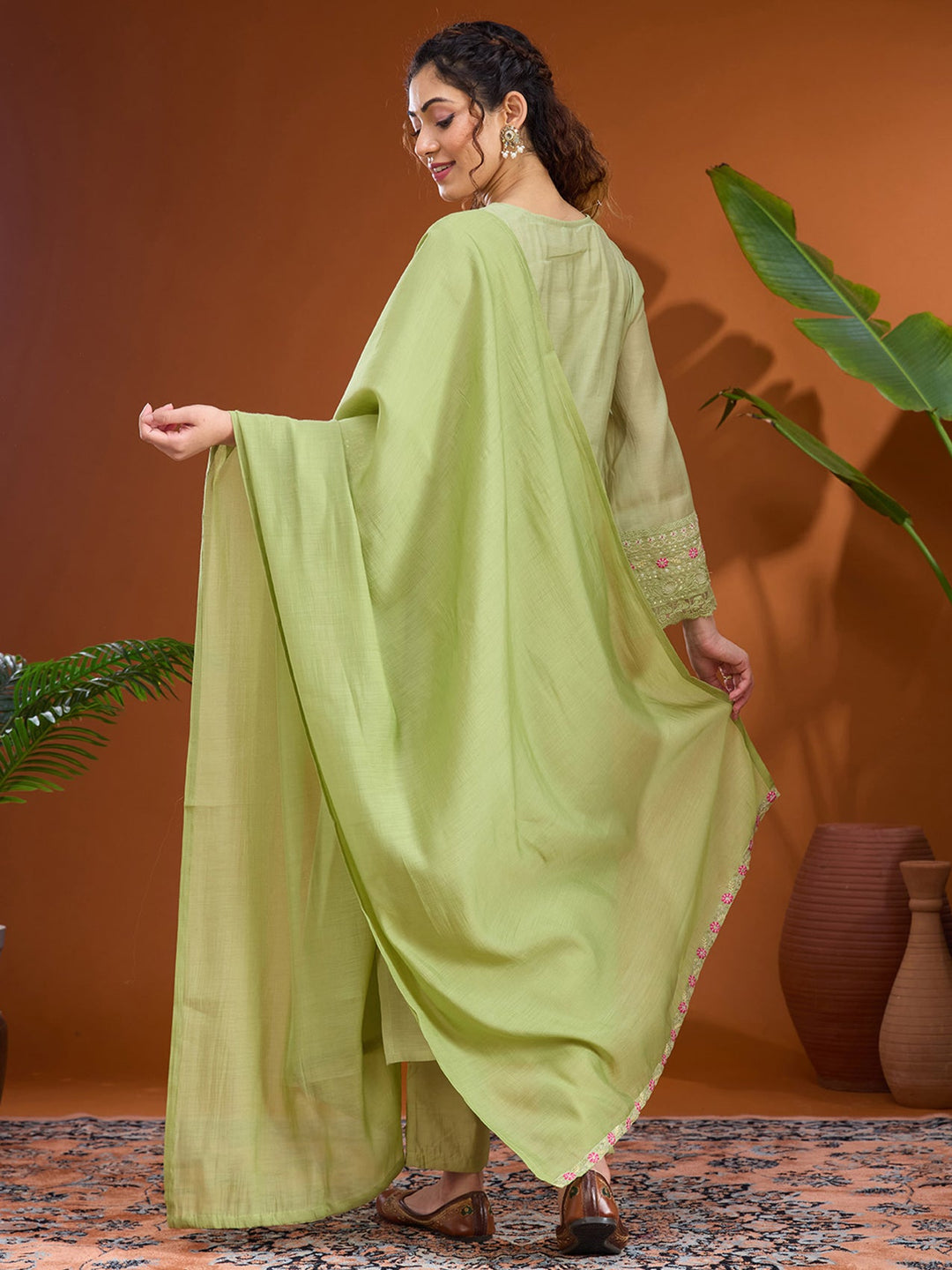 Pista Green Threadwork Chanderi Readymade Salwar Suit