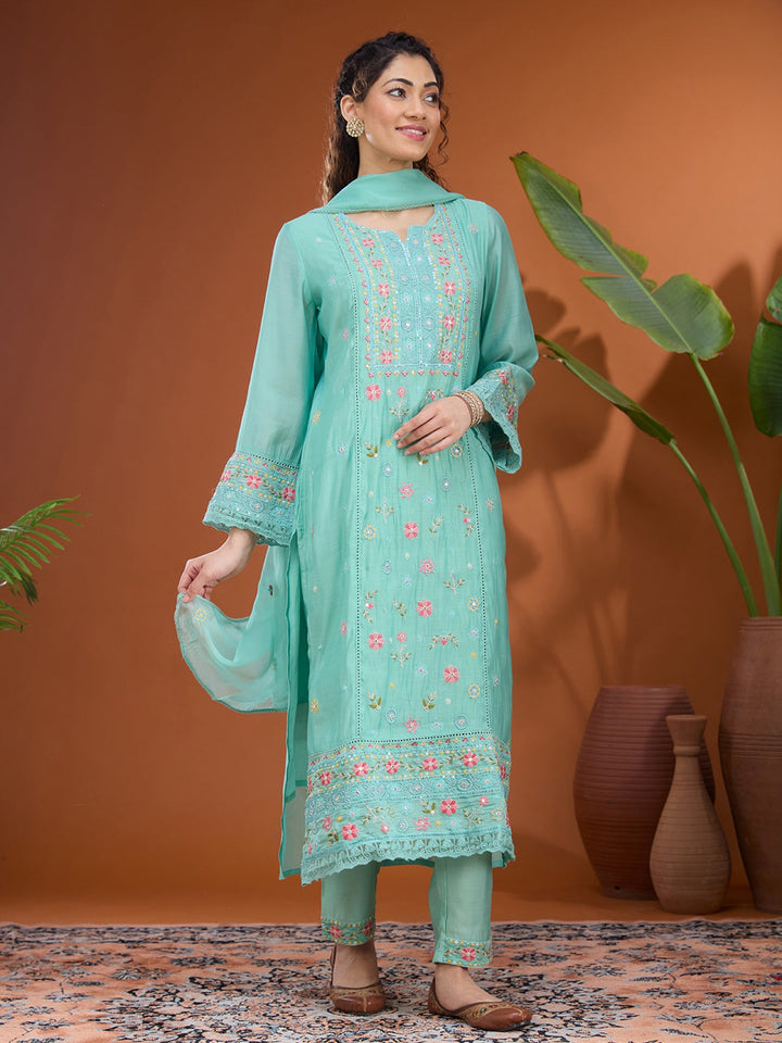Sea Green Threadwork Chanderi Readymade Salwar Suit