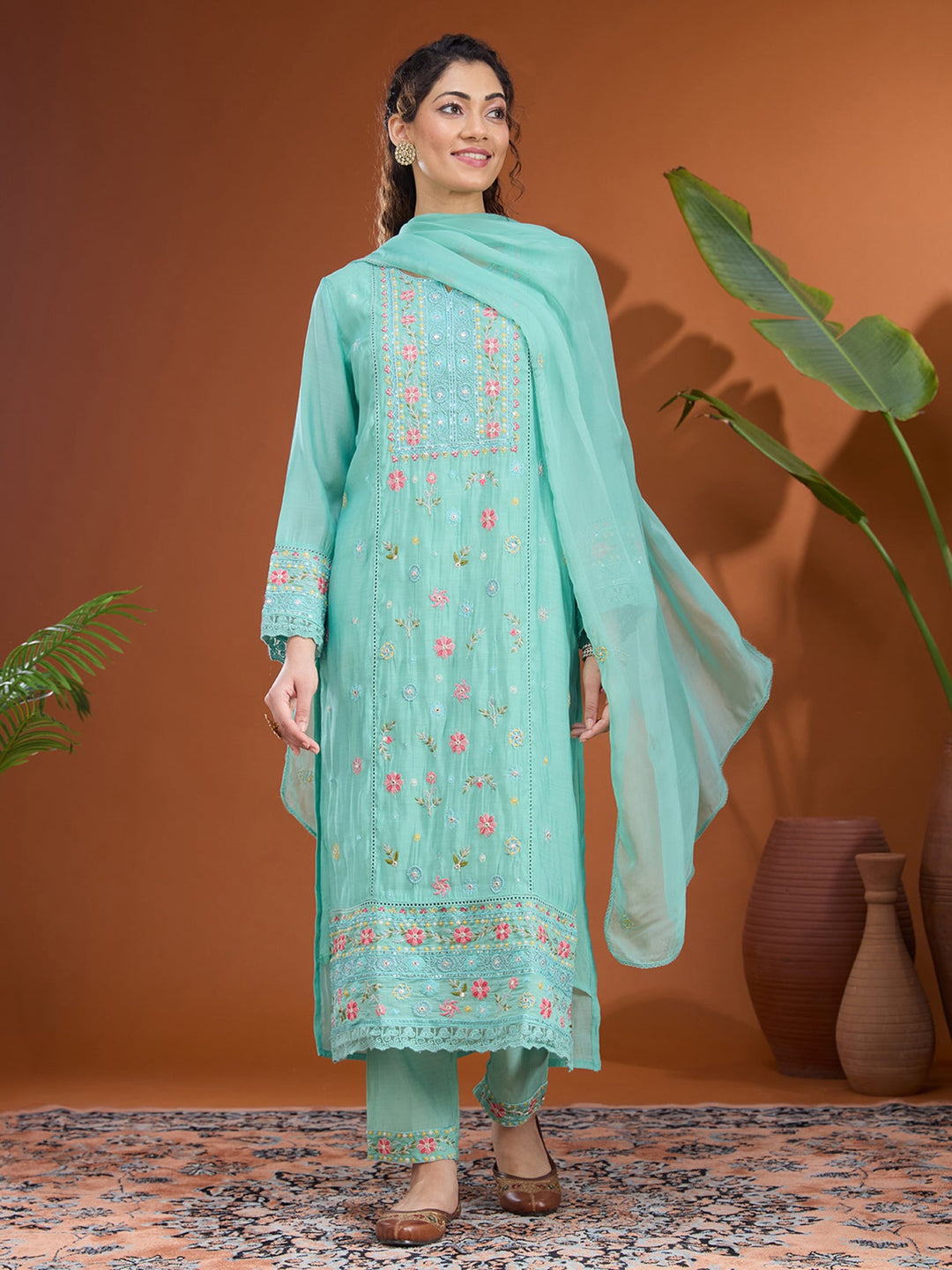Sea Green Threadwork Chanderi Readymade Salwar Suit