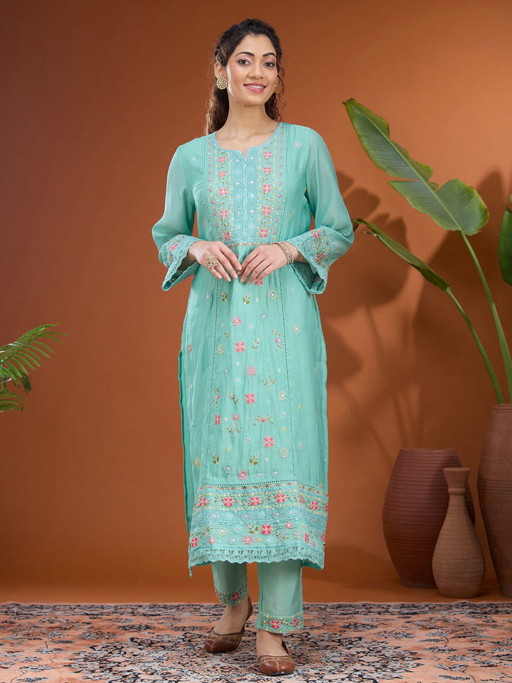 Sea Green Threadwork Chanderi Readymade Salwar Suit