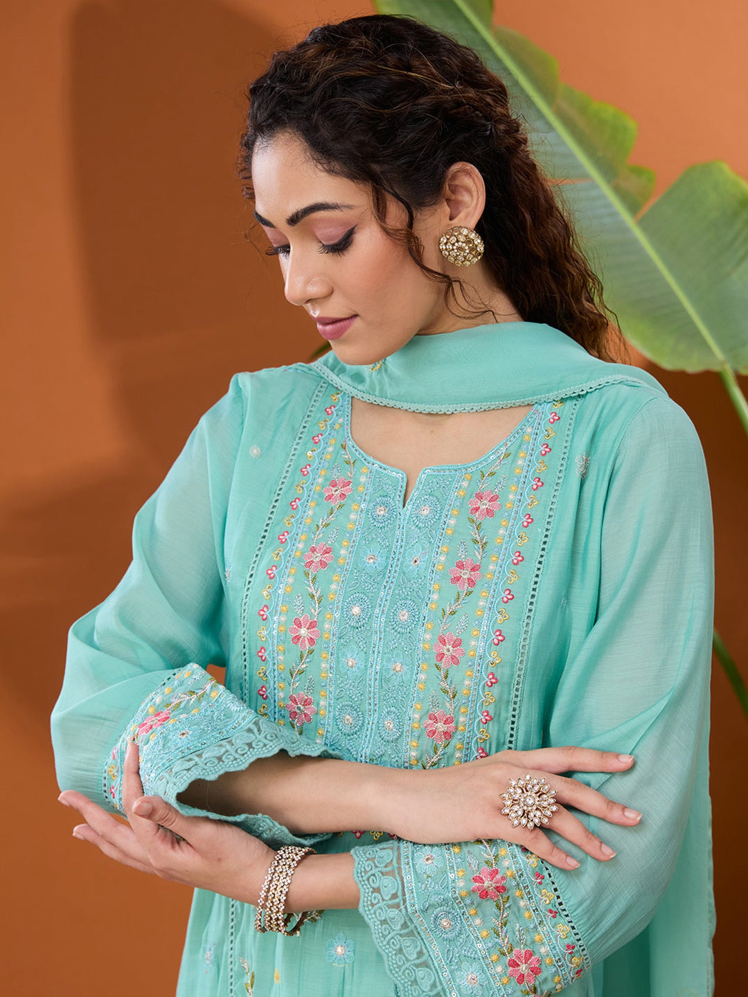 Sea Green Threadwork Chanderi Readymade Salwar Suit
