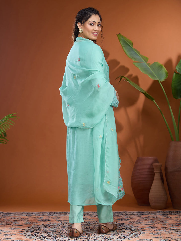Sea Green Threadwork Chanderi Readymade Salwar Suit