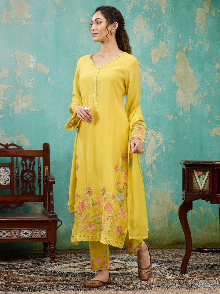Yellow Threadwork Chanderi Readymade Salwar Suit