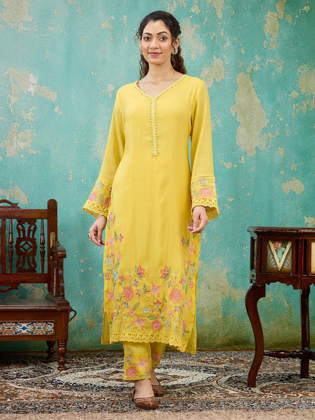 Yellow Threadwork Chanderi Readymade Salwar Suit