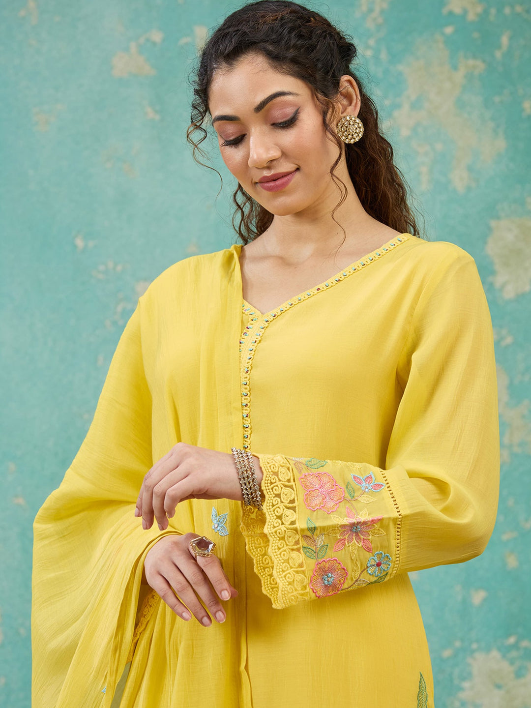 Yellow Threadwork Chanderi Readymade Salwar Suit