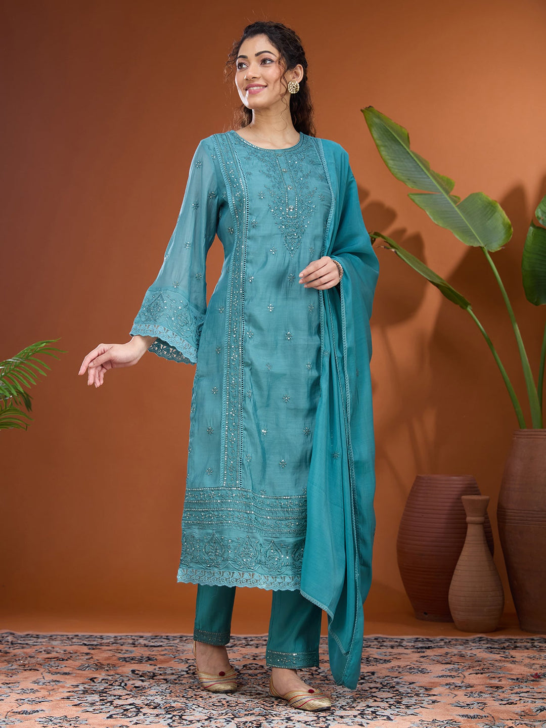 Blue Threadwork Chanderi Readymade Salwar Suit
