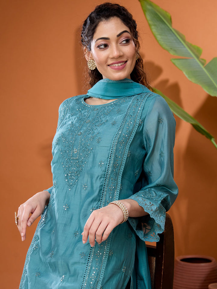 Blue Threadwork Chanderi Readymade Salwar Suit