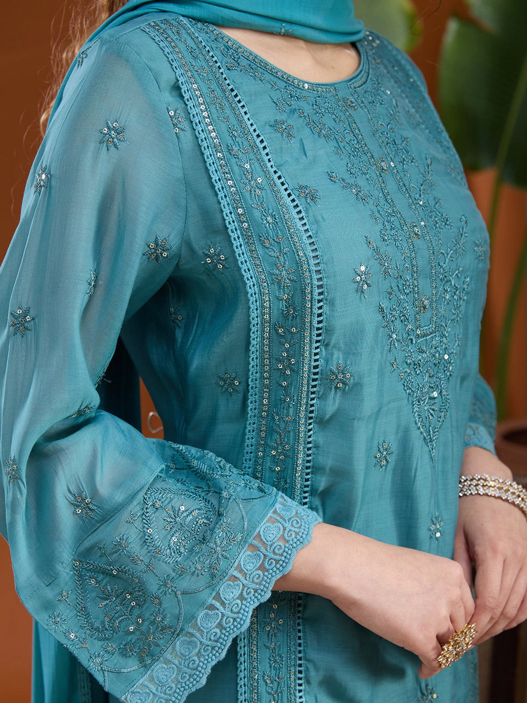 Blue Threadwork Chanderi Readymade Salwar Suit