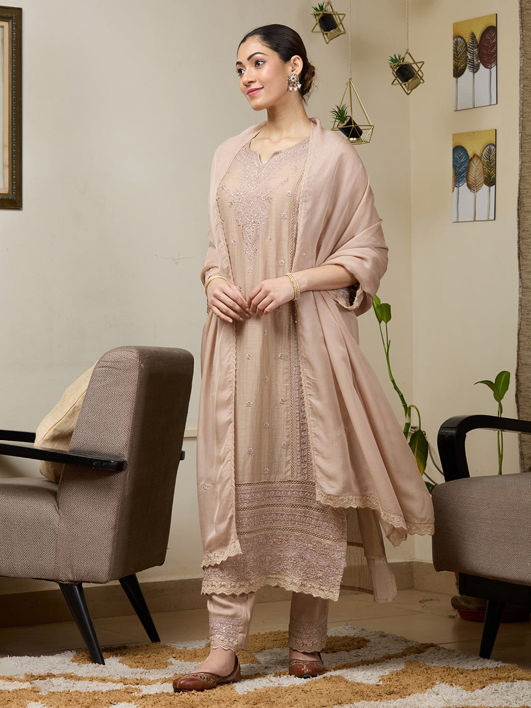 Light Brown Threadwork Chanderi Readymade Salwar Suit