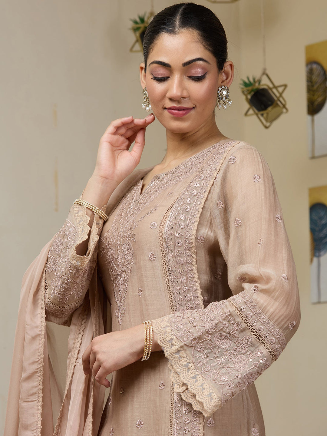 Light Brown Threadwork Chanderi Readymade Salwar Suit
