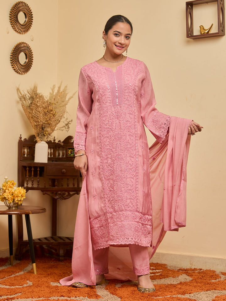 Pink Threadwork Chanderi Readymade Salwar Suit