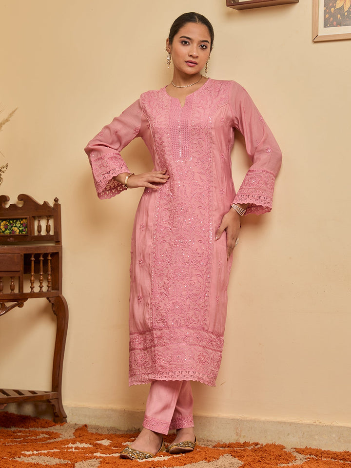 Pink Threadwork Chanderi Readymade Salwar Suit