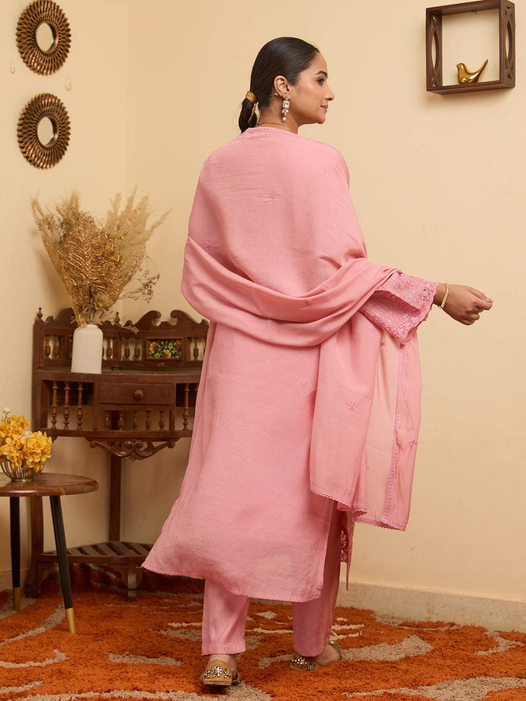 Pink Threadwork Chanderi Readymade Salwar Suit