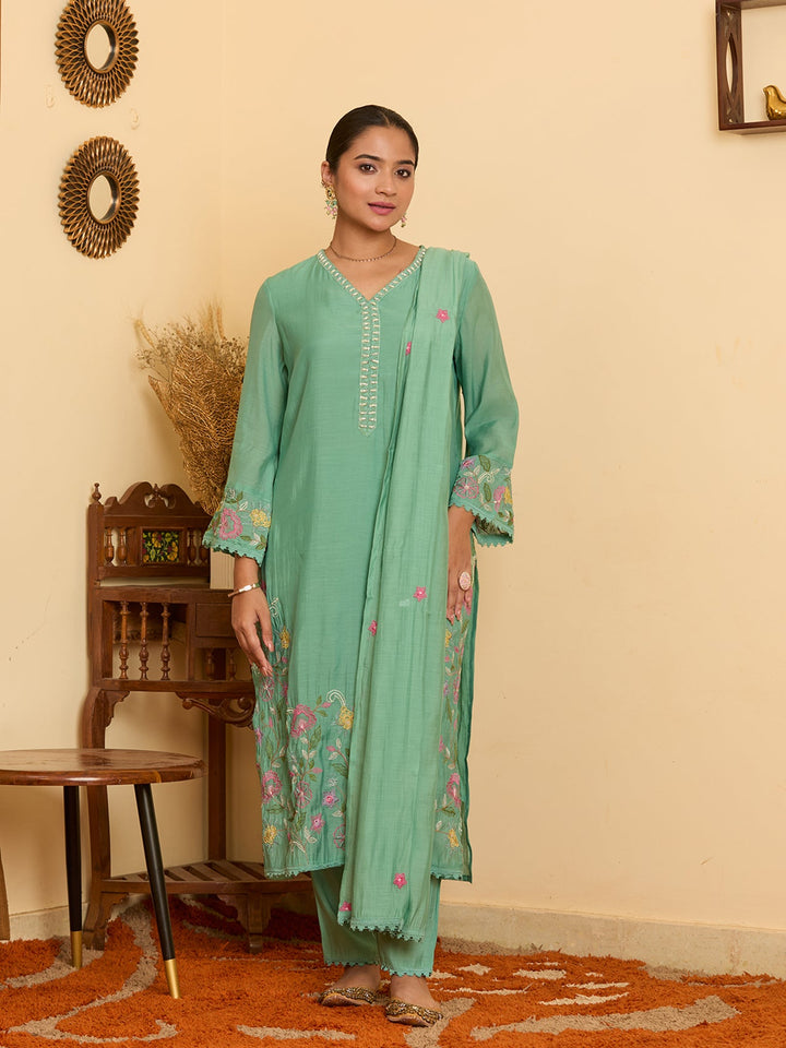 Sea Green Threadwork Chanderi Readymade Salwar Suit