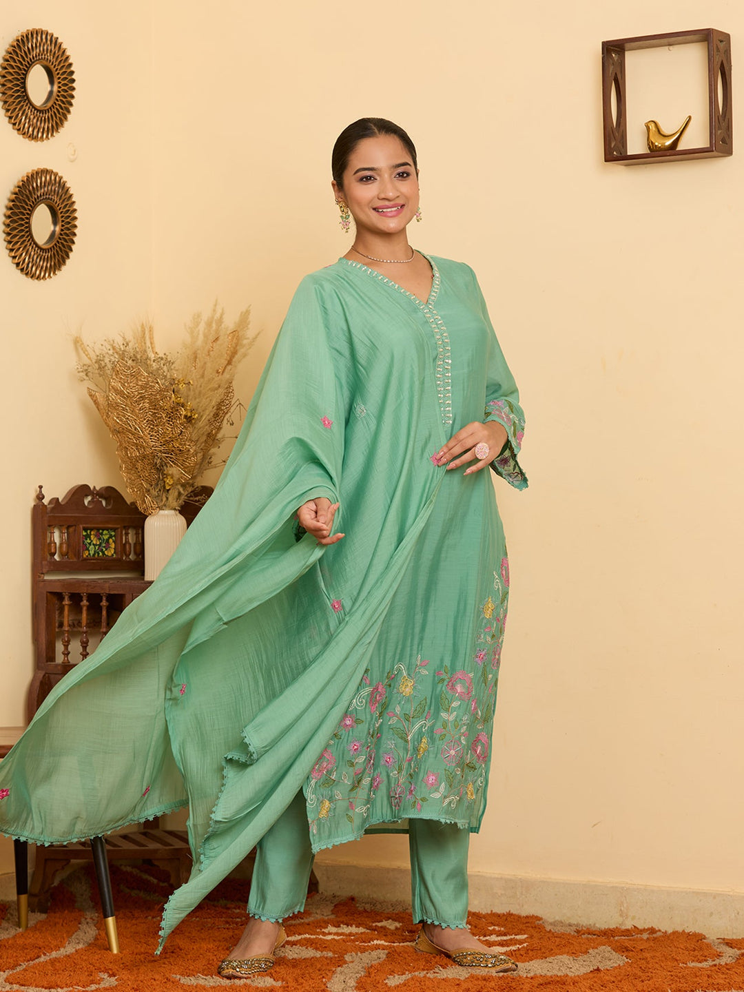 Sea Green Threadwork Chanderi Readymade Salwar Suit