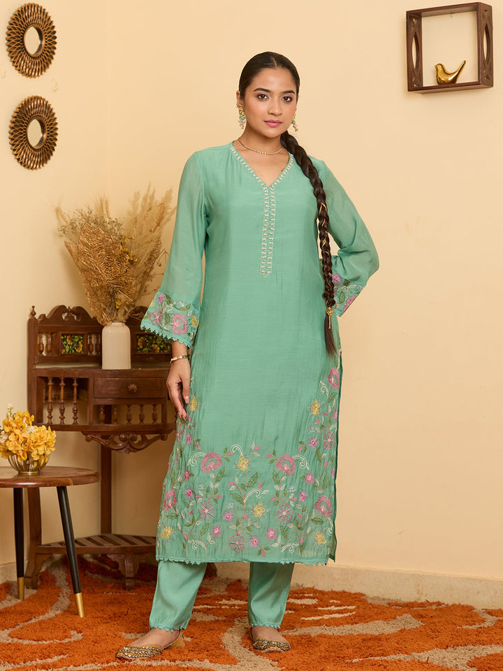 Sea Green Threadwork Chanderi Readymade Salwar Suit
