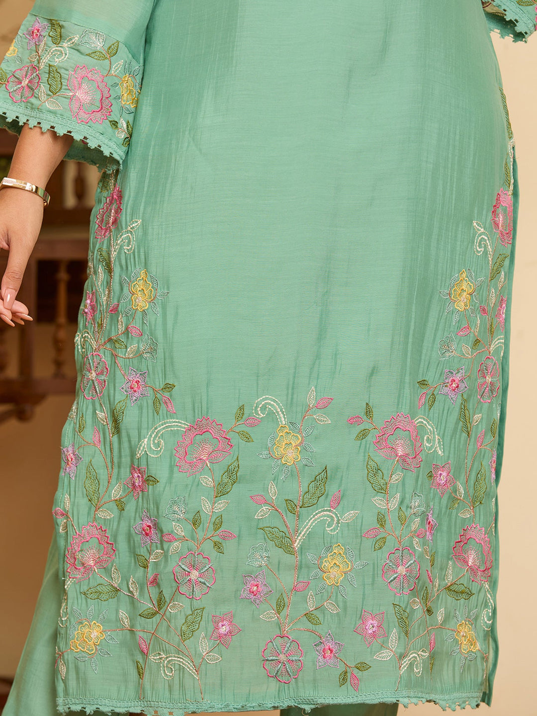 Sea Green Threadwork Chanderi Readymade Salwar Suit