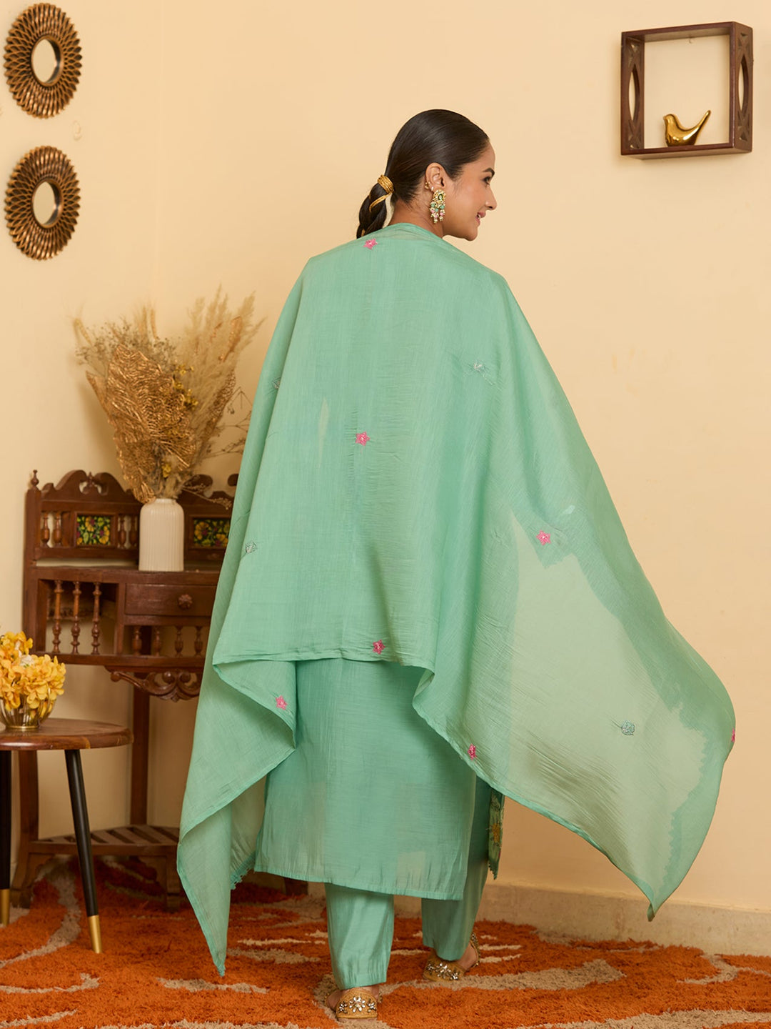 Sea Green Threadwork Chanderi Readymade Salwar Suit
