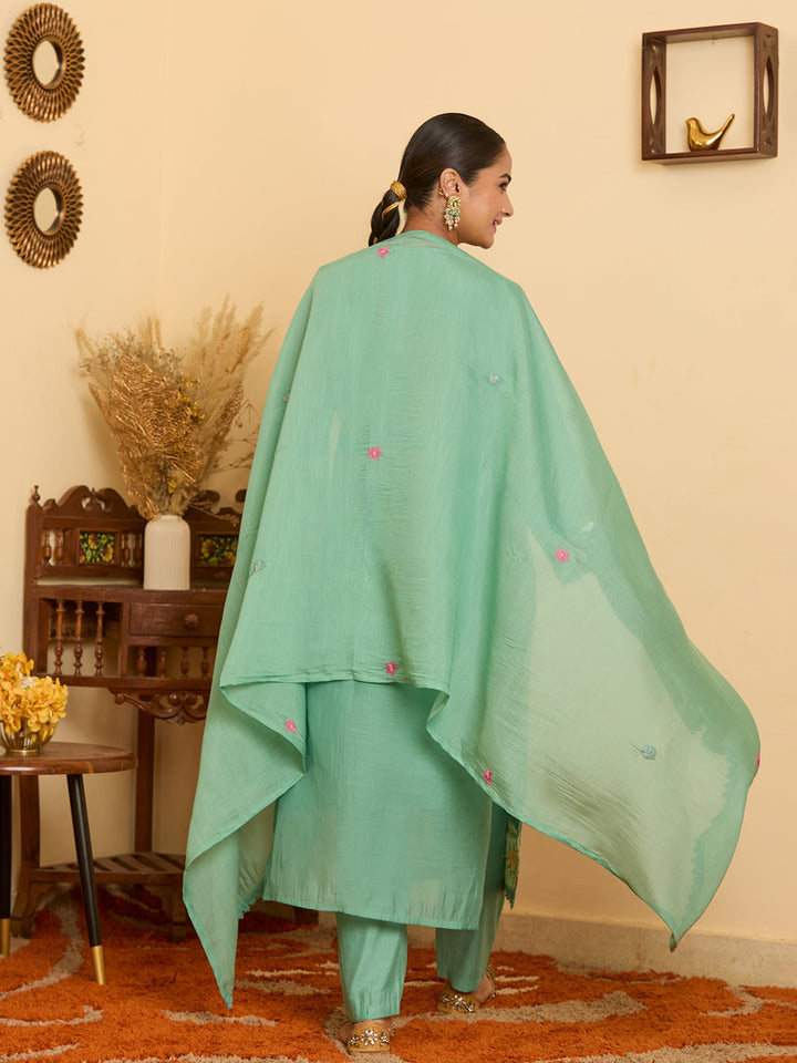 Sea Green Threadwork Chanderi Readymade Salwar Suit
