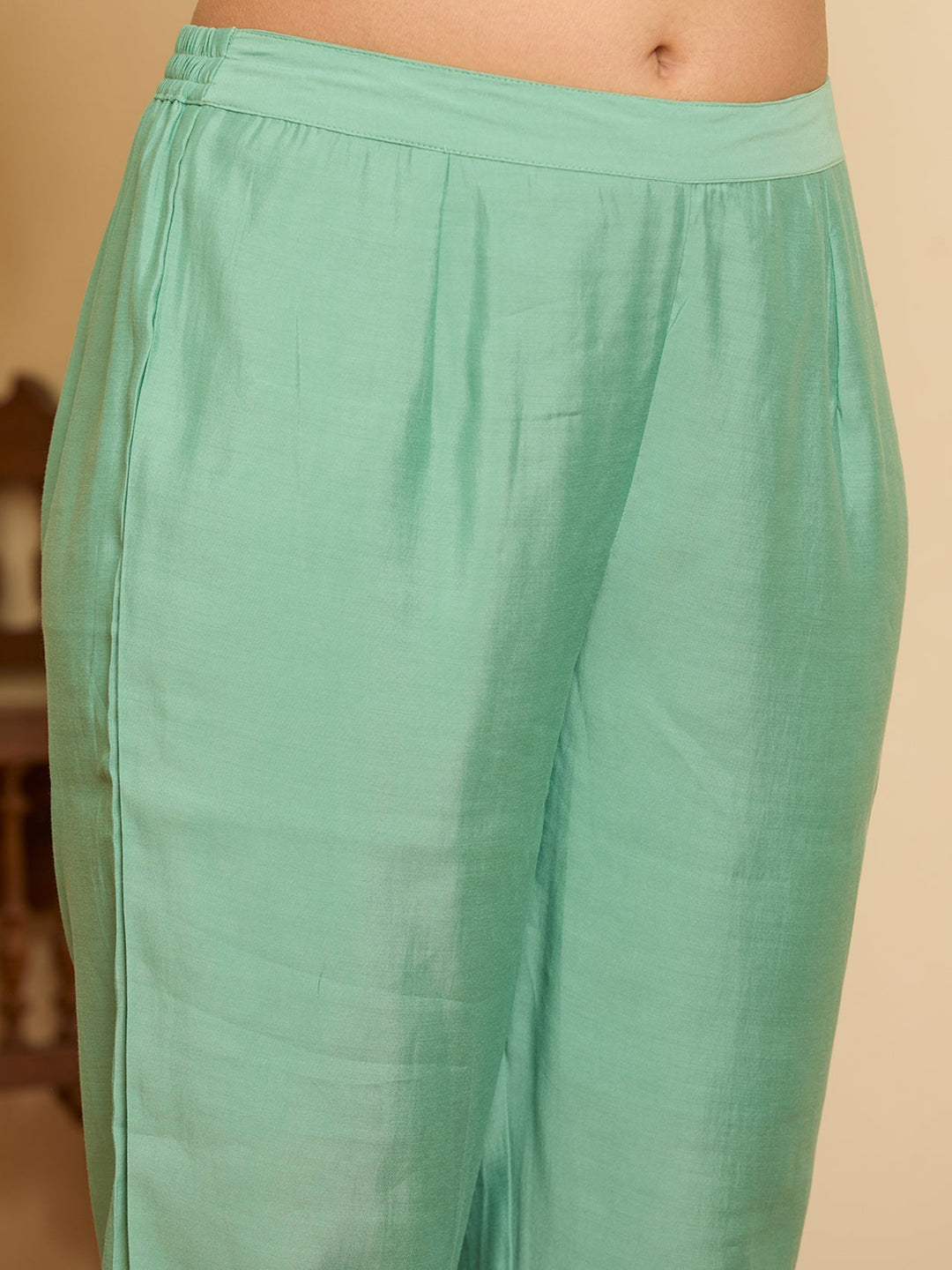 Sea Green Threadwork Chanderi Readymade Salwar Suit