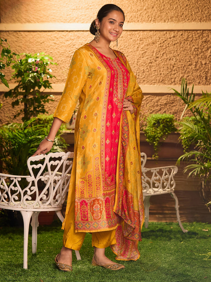 Mustard Yellow Sequins Soft Raw Silk Readymade Salwar Suit