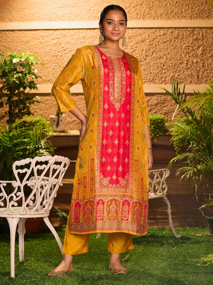 Mustard Yellow Sequins Soft Raw Silk Readymade Salwar Suit