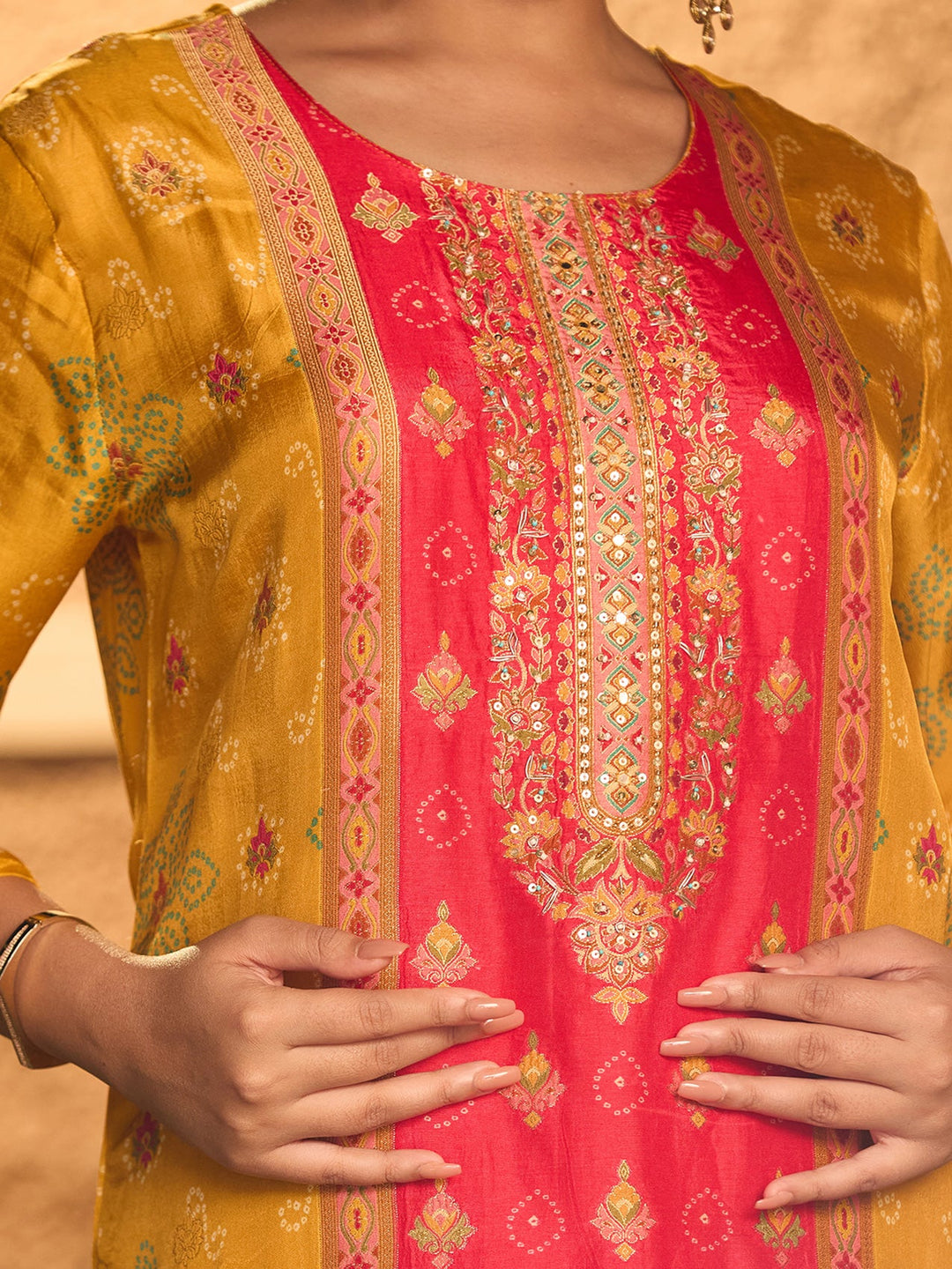 Mustard Yellow Sequins Soft Raw Silk Readymade Salwar Suit