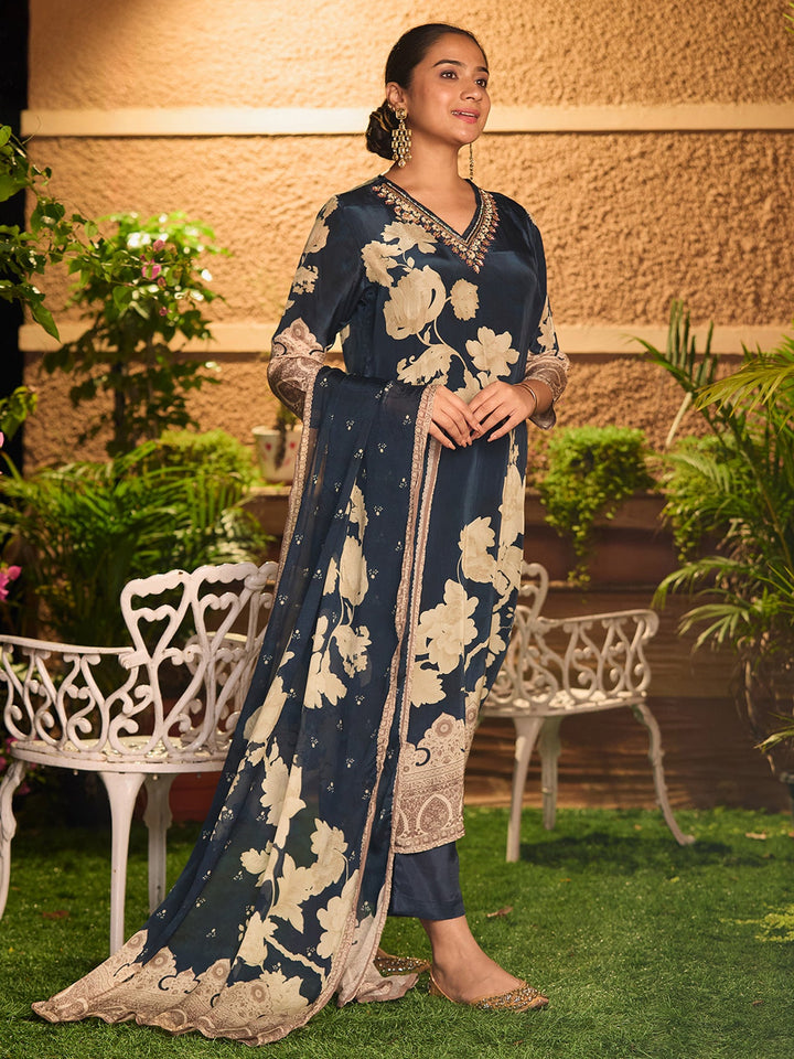 Navy Blue Cutdana Satin Readymade Salwar Suit