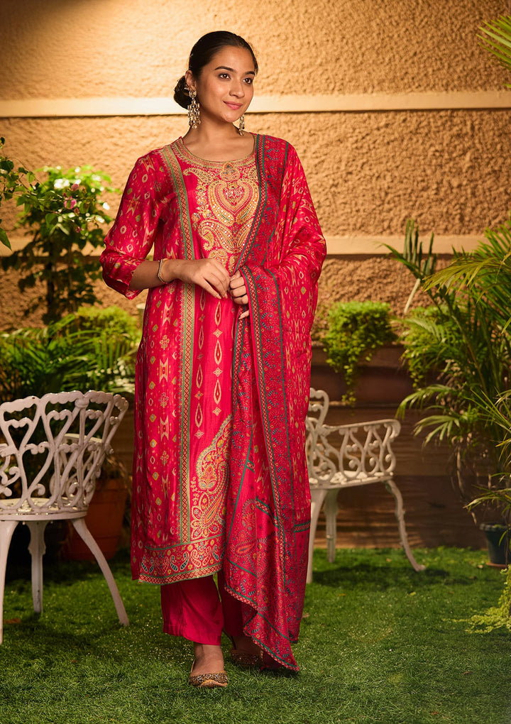 Rani Pink Cutdana Soft Raw Silk Readymade Salwar Suit