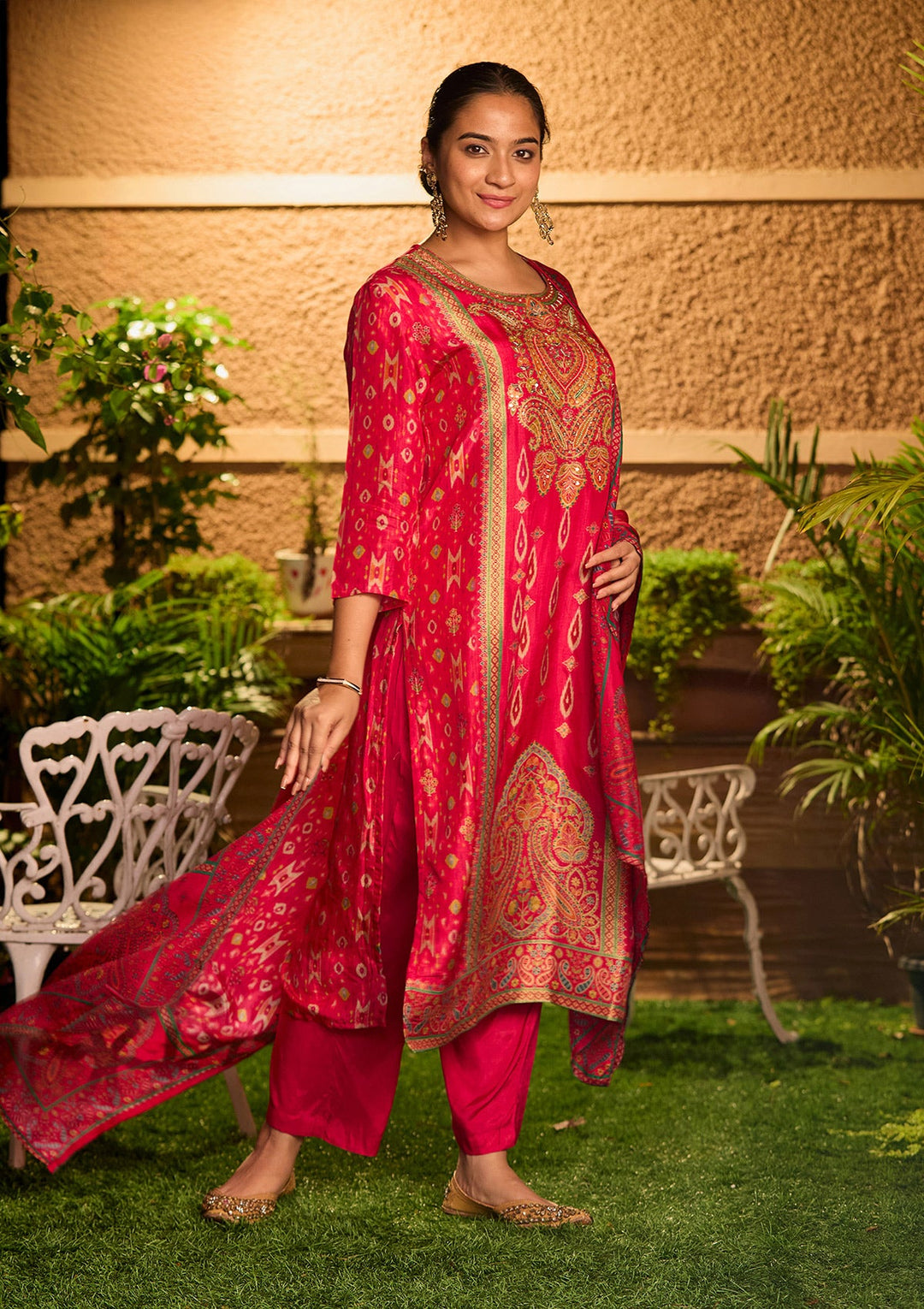 Rani Pink Cutdana Soft Raw Silk Readymade Salwar Suit