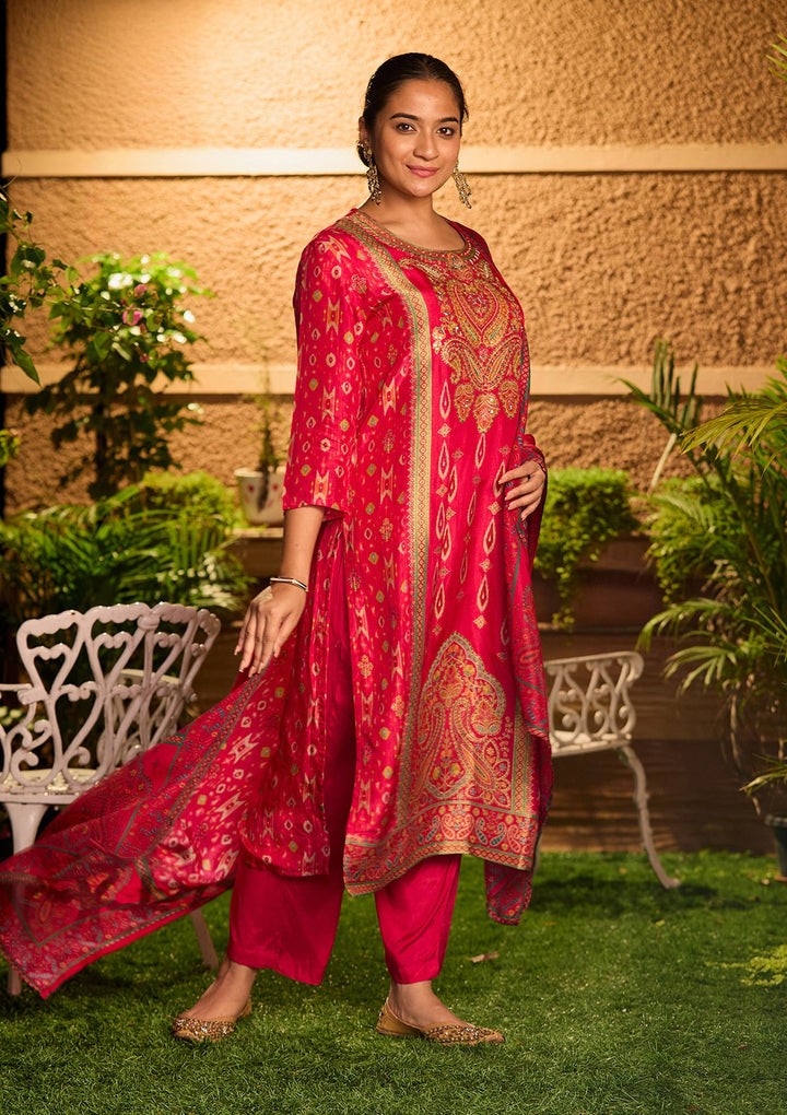 Rani Pink Cutdana Soft Raw Silk Readymade Salwar Suit