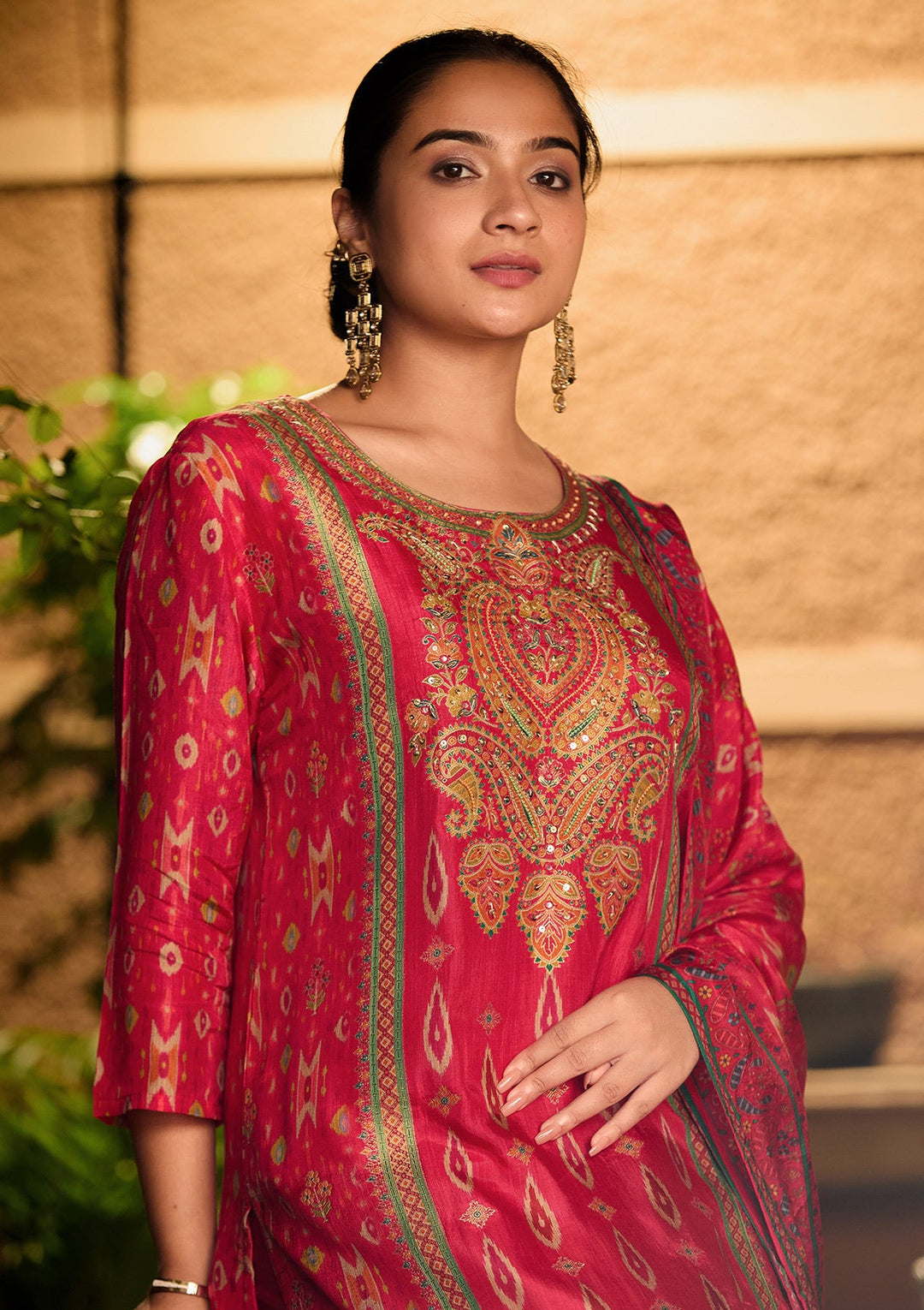 Rani Pink Cutdana Soft Raw Silk Readymade Salwar Suit