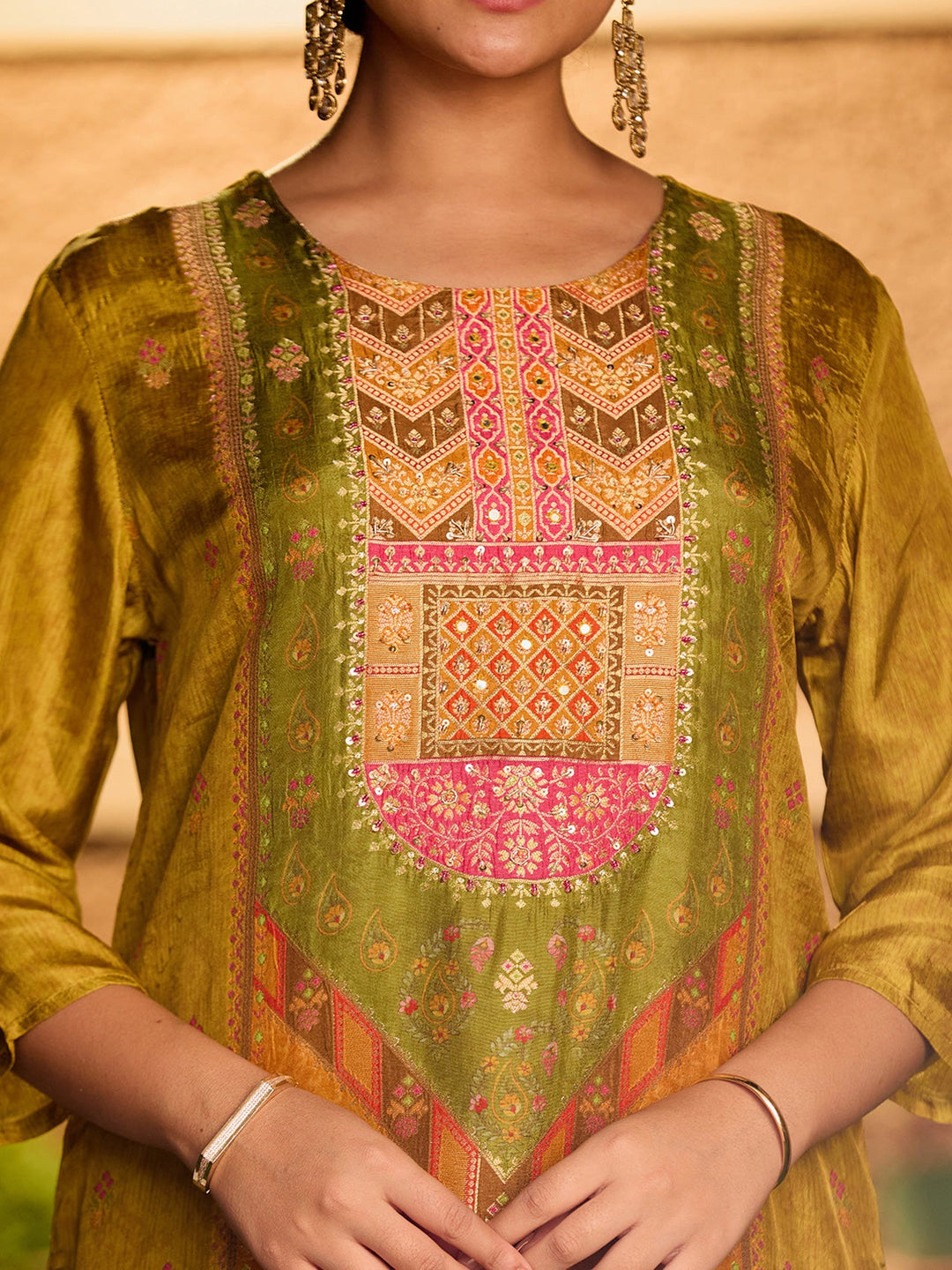 Mehandi Green Cutdana Soft Raw Silk Readymade Salwar Suit