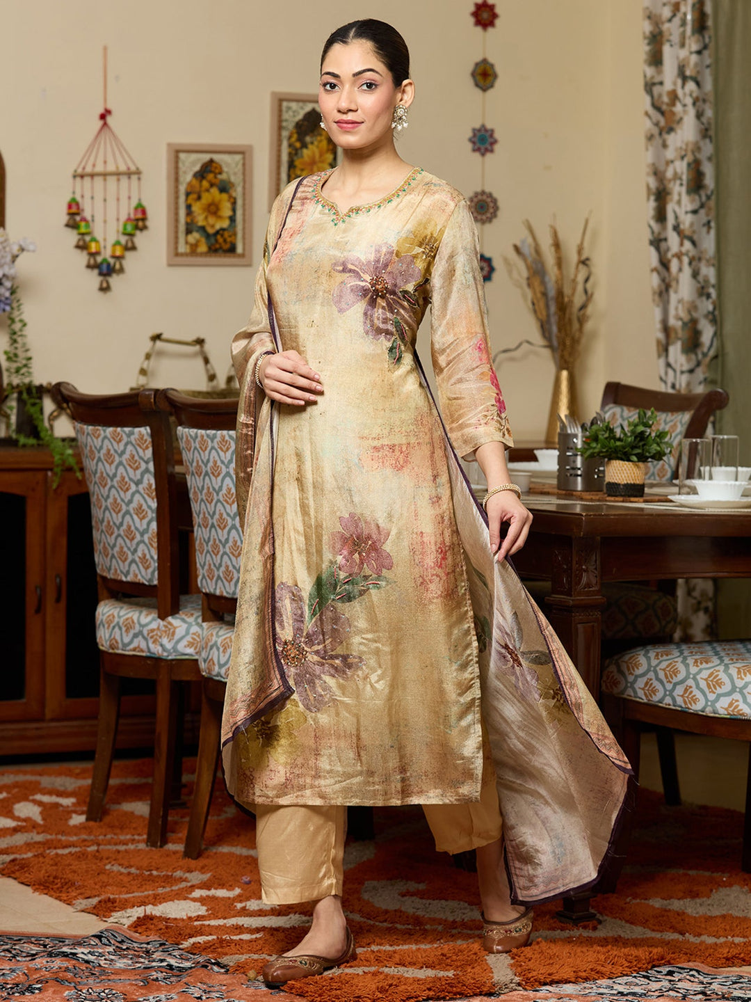 Beige Cutdana Tissue Readymade Salwar Suit