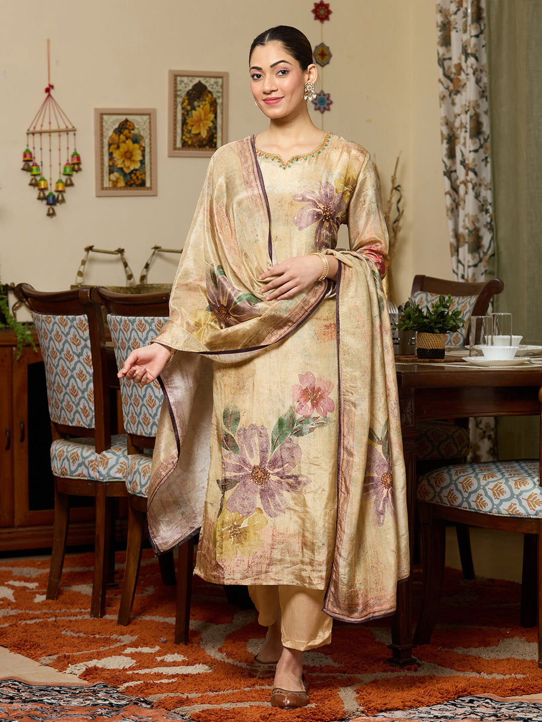 Beige Cutdana Tissue Readymade Salwar Suit