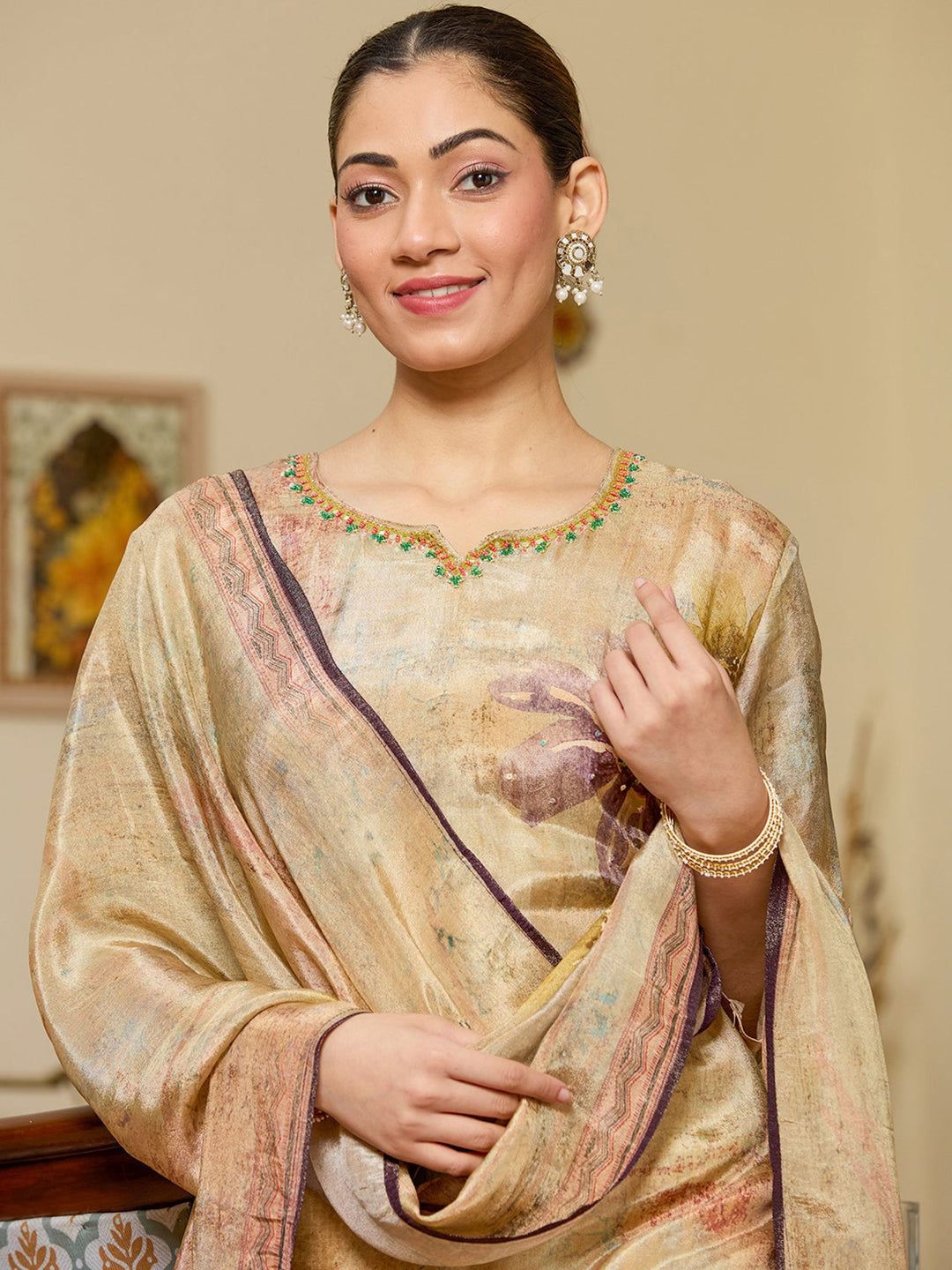 Beige Cutdana Tissue Readymade Salwar Suit