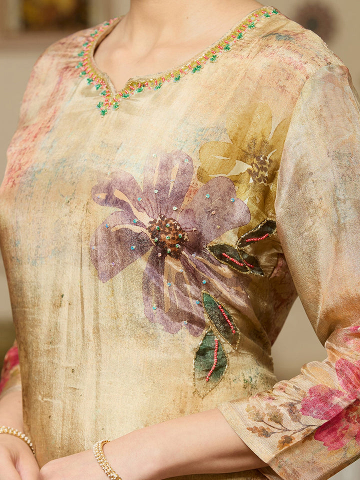 Beige Cutdana Tissue Readymade Salwar Suit