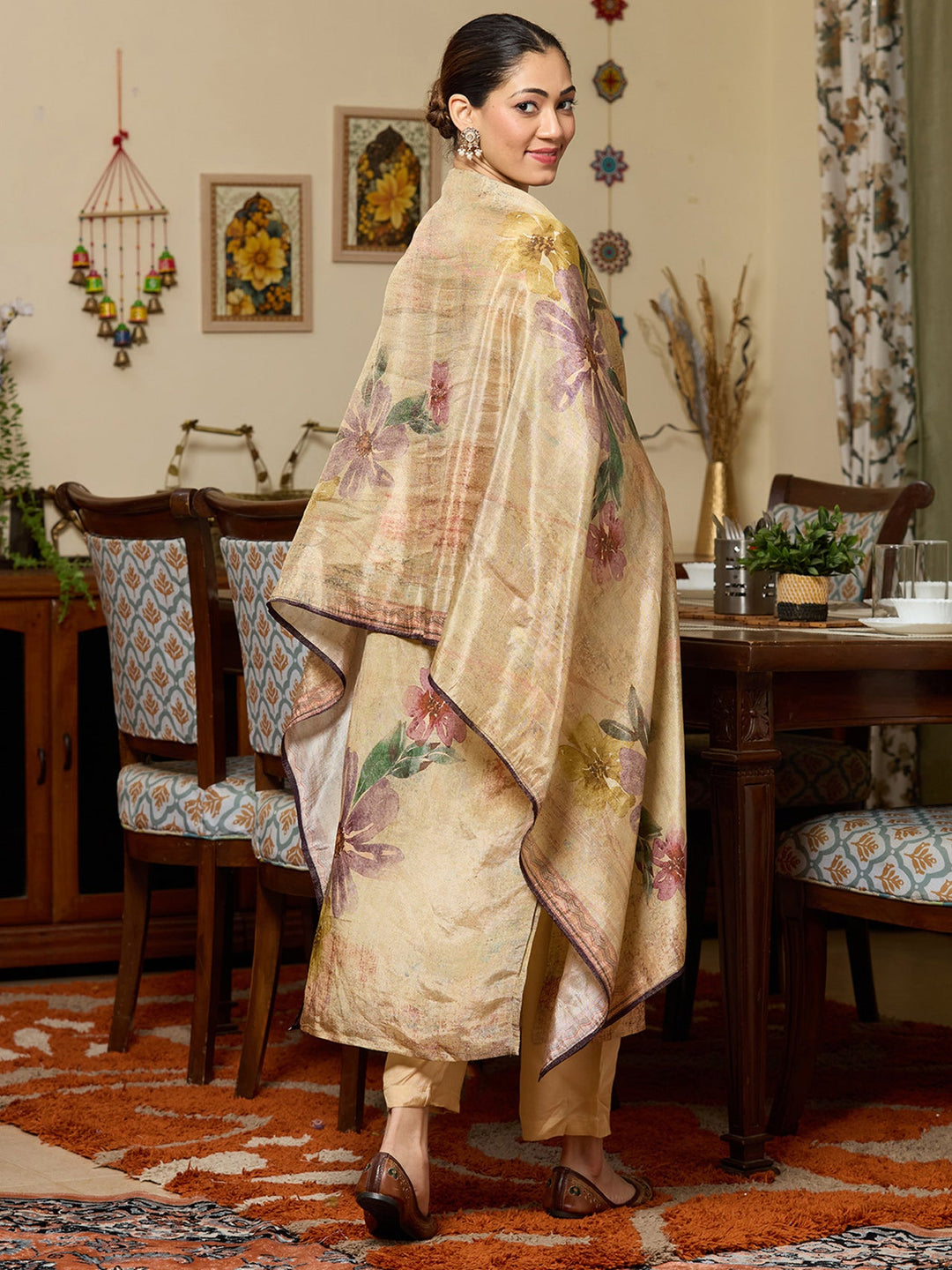 Beige Cutdana Tissue Readymade Salwar Suit