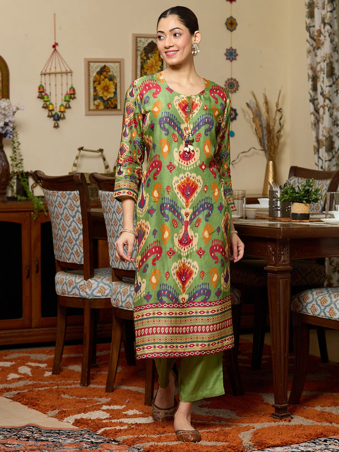 Green Stonework Soft Raw Silk Readymade Salwar Suit