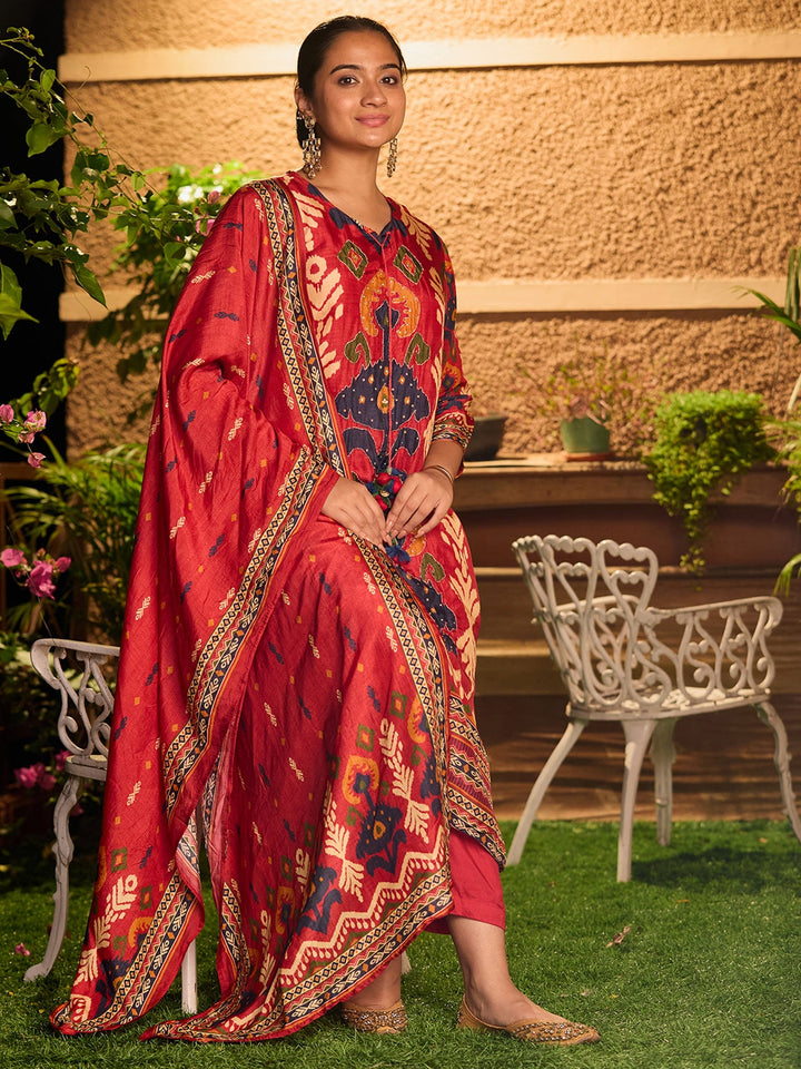 Red Silver Stonework Soft Raw Silk Readymade Salwar Suit